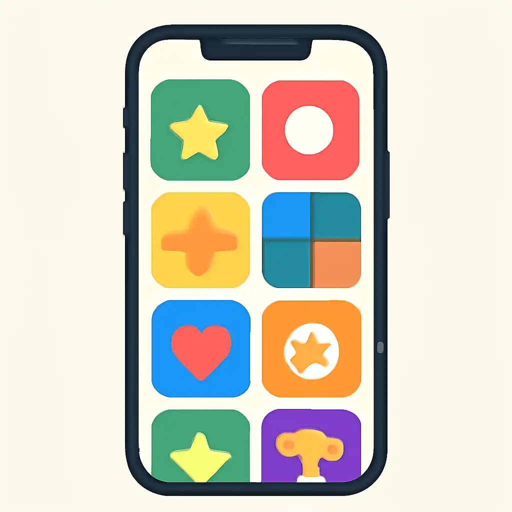 Smartphone shown from the front displaying a colourful flat layout of abstract game icons and rounded tiles (no text, no letters, no labels), BDG Game